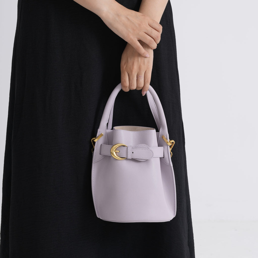 Designer Inspired Genuine Leather Bucket Bag with Internal Drawstring Pouch & Shoulder Strap - Light Purple