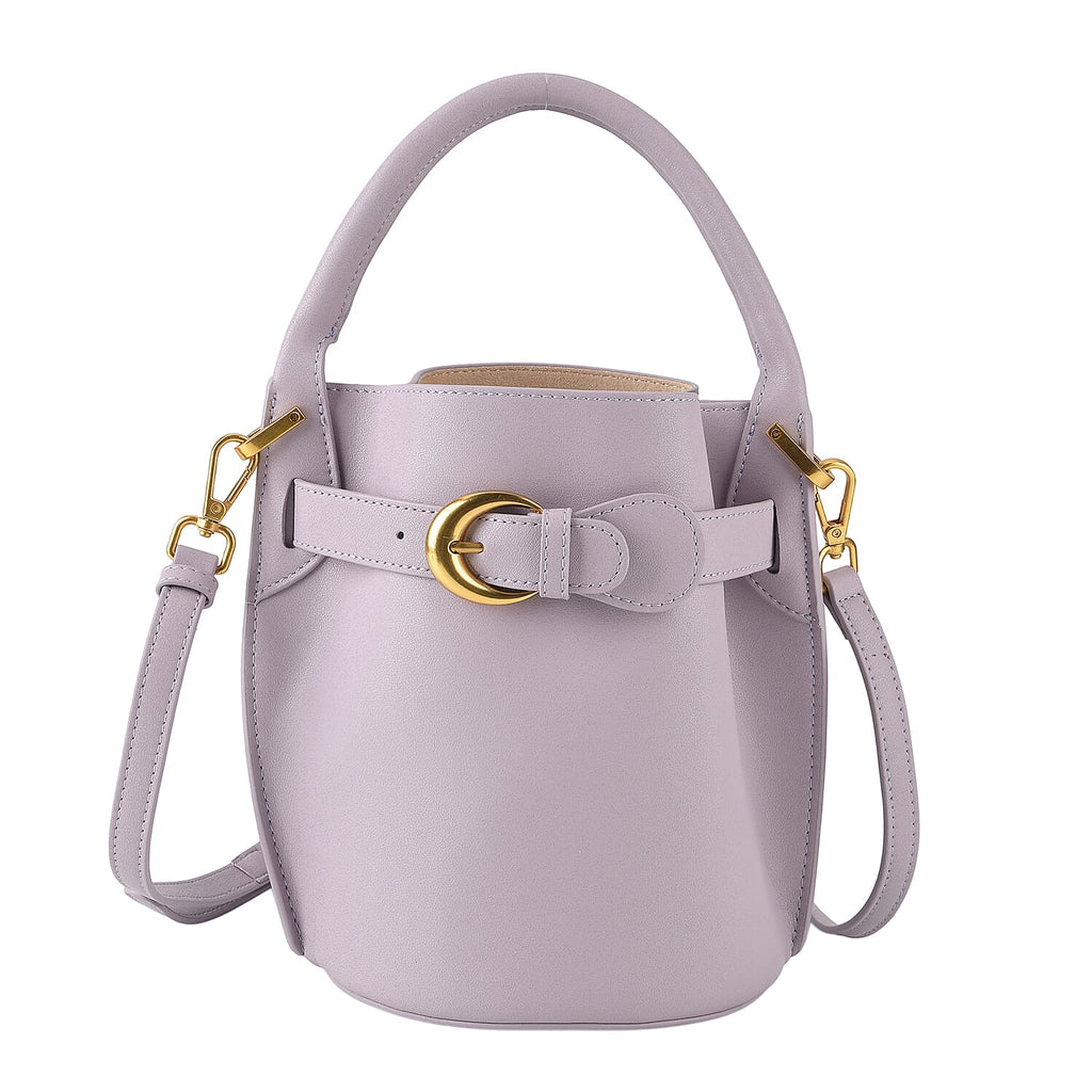Designer Inspired Genuine Leather Bucket Bag with Internal Drawstring Pouch & Shoulder Strap - Light Purple