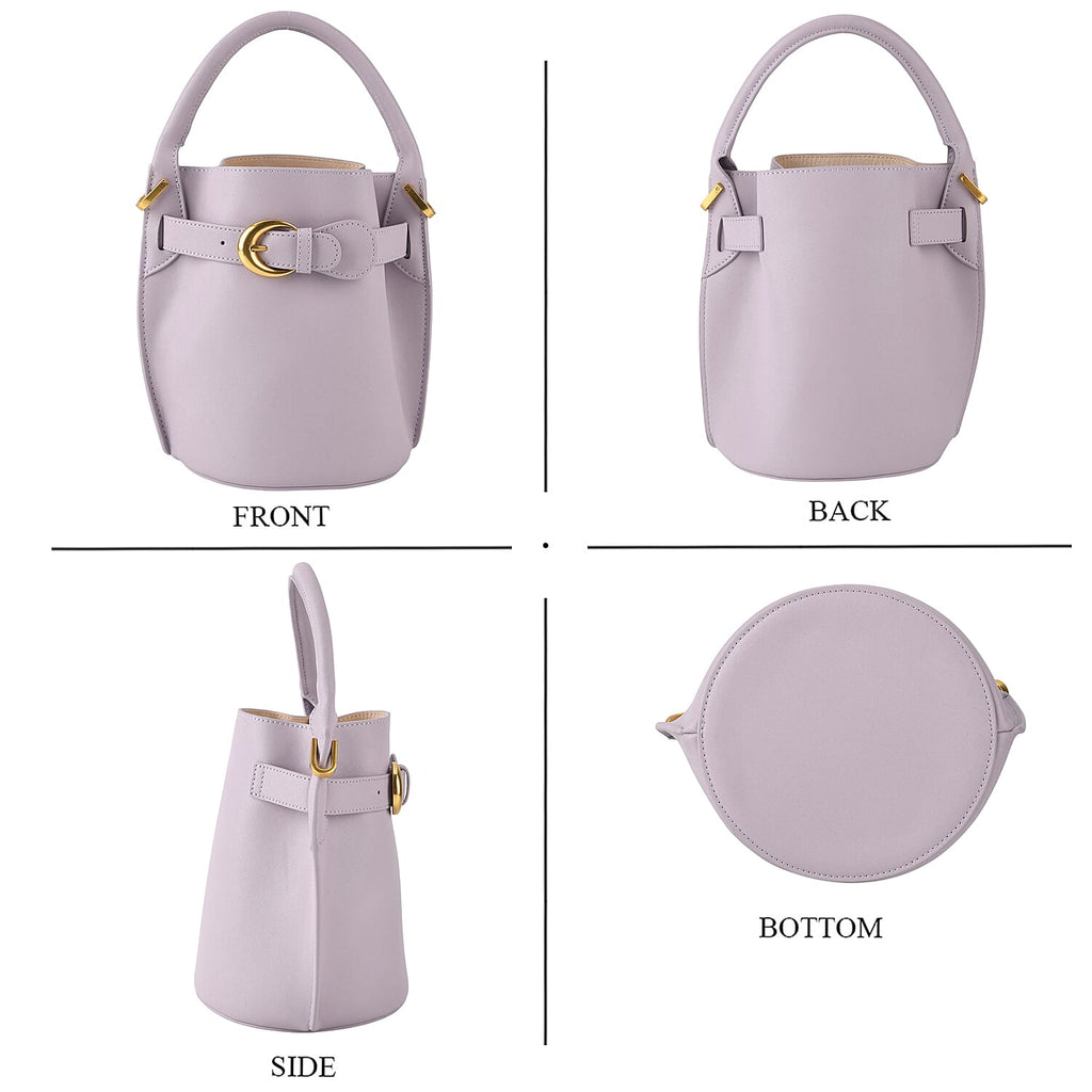 Designer Inspired Genuine Leather Bucket Bag with Internal Drawstring Pouch & Shoulder Strap - Light Purple