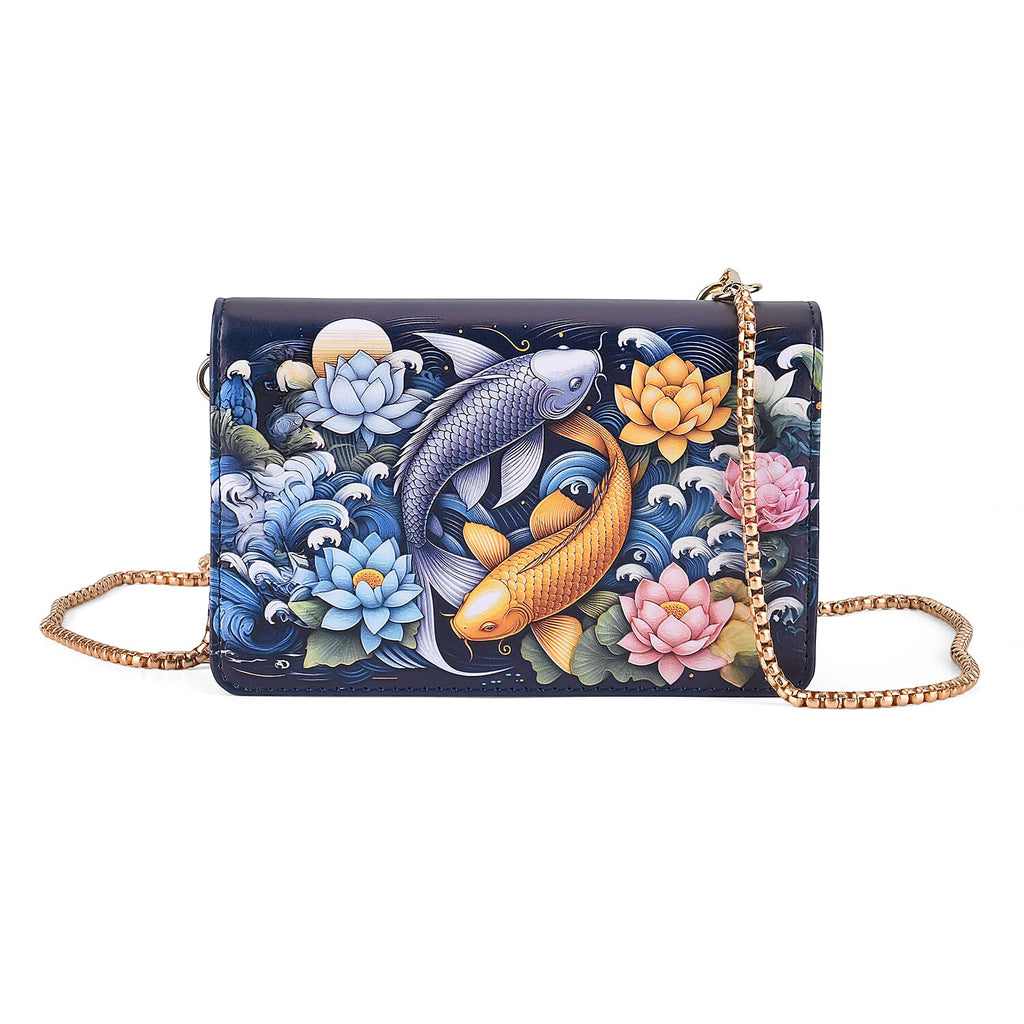 Designer-Inspired RFID-Protected Flower & Fish Print Shoulder Bag  with a Magnetic Detachable Wallet - Chain Strap included - Koi & Lotus