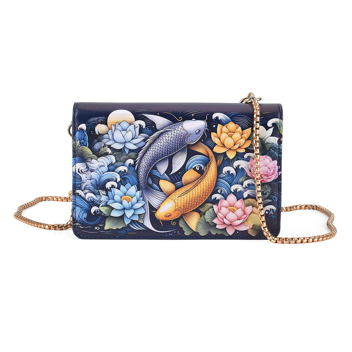 Designer-Inspired RFID-Protected Flower &amp; Fish Print Shoulder Bag  with a Magnetic Detachable Wallet - Chain Strap included - Koi &amp; Lotus V32514736 0