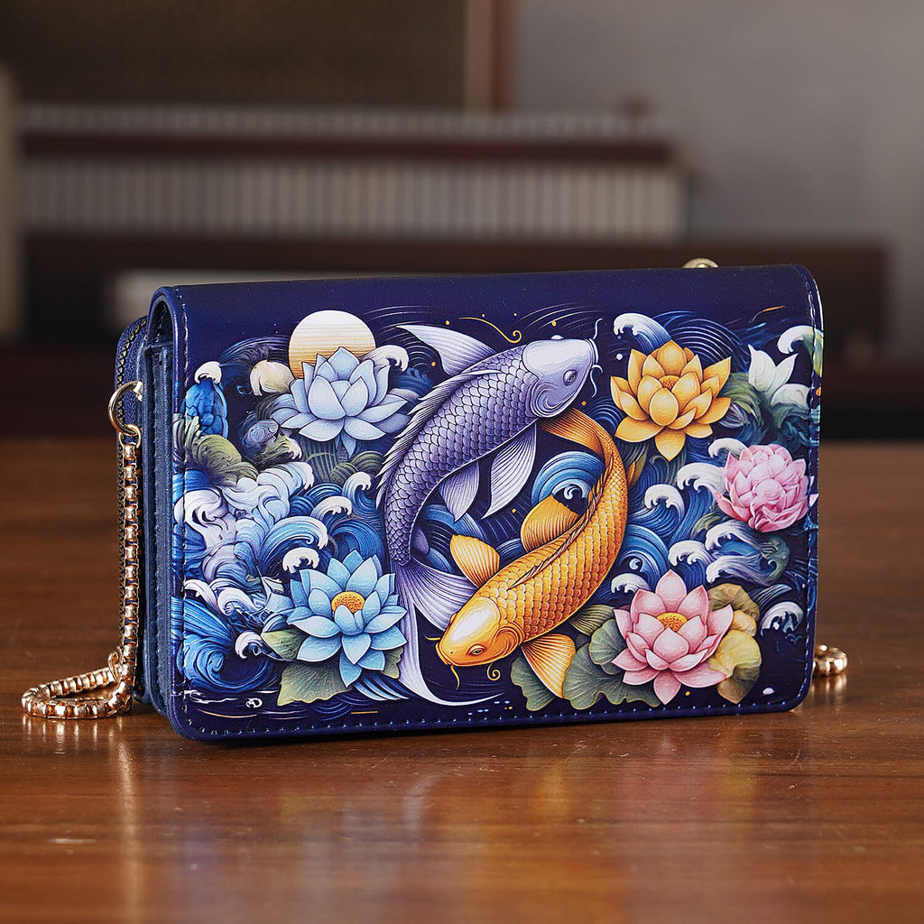 Designer-Inspired RFID-Protected Flower & Fish Print Shoulder Bag  with a Magnetic Detachable Wallet - Chain Strap included - Koi & Lotus