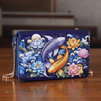 Designer-Inspired RFID-Protected Flower & Fish Print Shoulder Bag  with a Magnetic Detachable Wallet - Chain Strap included - Koi & Lotus