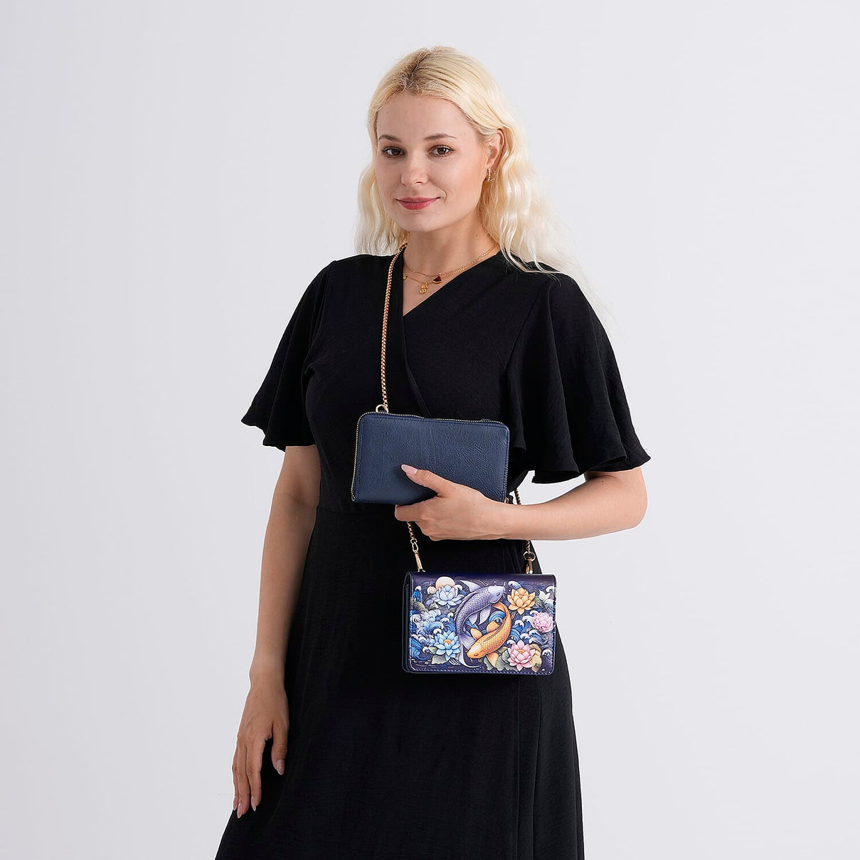 Designer-Inspired RFID-Protected Flower &amp; Fish Print Shoulder Bag  with a Magnetic Detachable Wallet - Chain Strap included - Koi &amp; Lotus V32514736 3