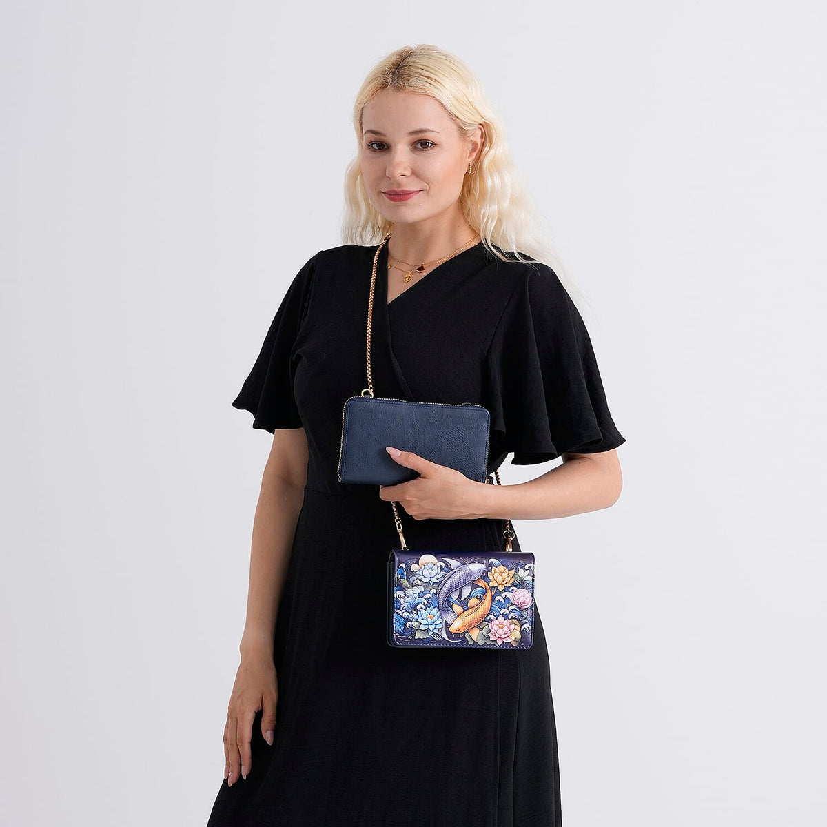 Designer-Inspired RFID-Protected Flower &amp; Fish Print Shoulder Bag  with a Magnetic Detachable Wallet - Chain Strap included - Koi &amp; Lotus V32514736 3