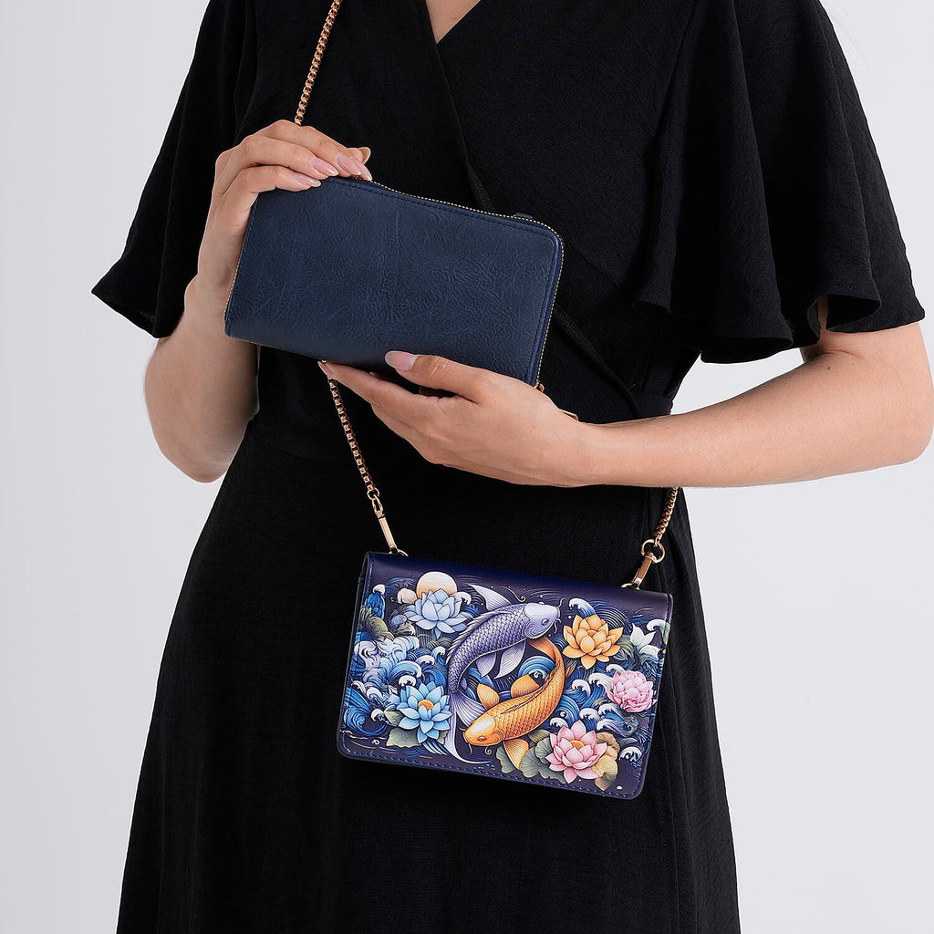 Designer-Inspired RFID-Protected Flower & Fish Print Shoulder Bag  with a Magnetic Detachable Wallet - Chain Strap included - Koi & Lotus