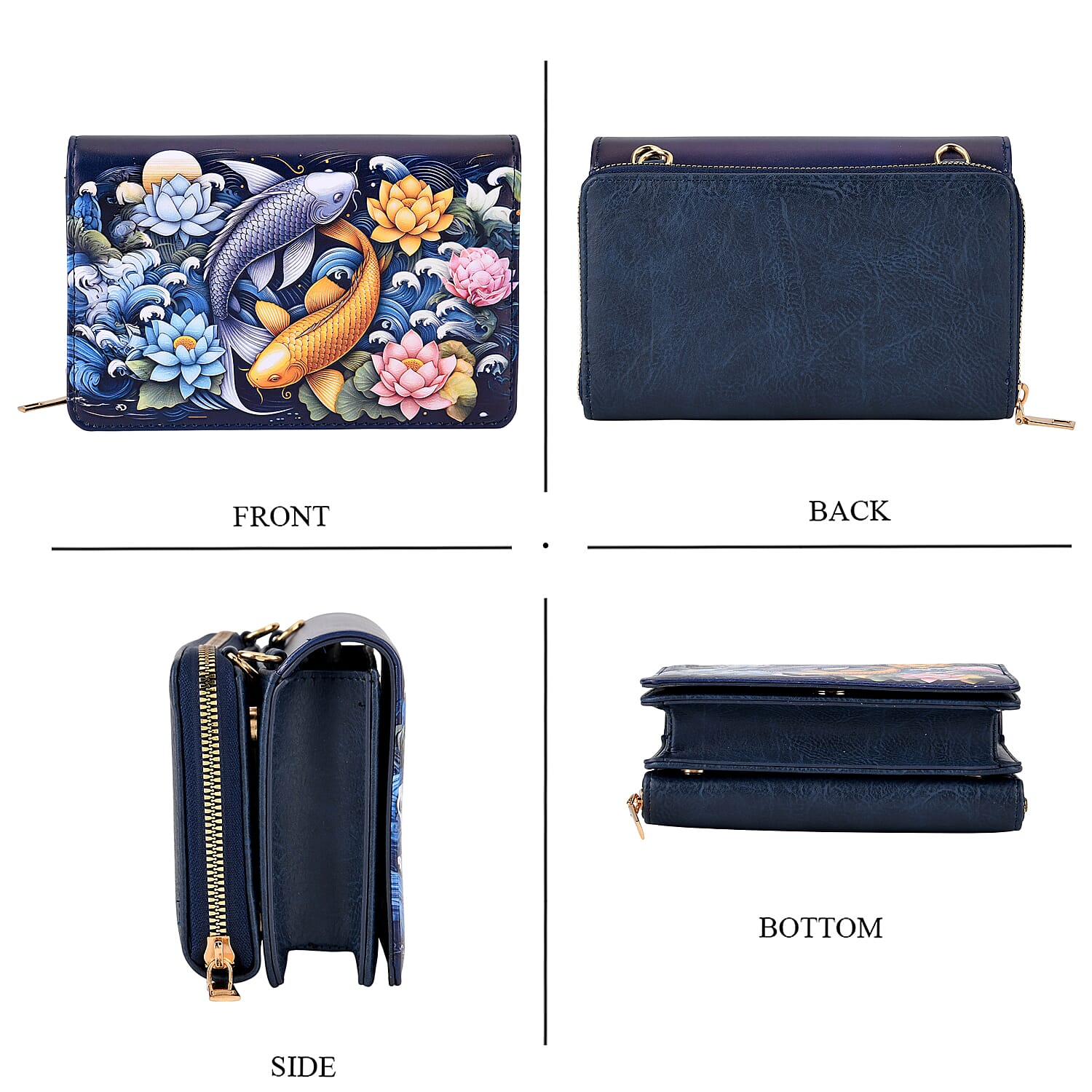Designer-Inspired RFID-Protected Flower &amp; Fish Print Shoulder Bag  with a Magnetic Detachable Wallet - Chain Strap included - Koi &amp; Lotus V32514736 5