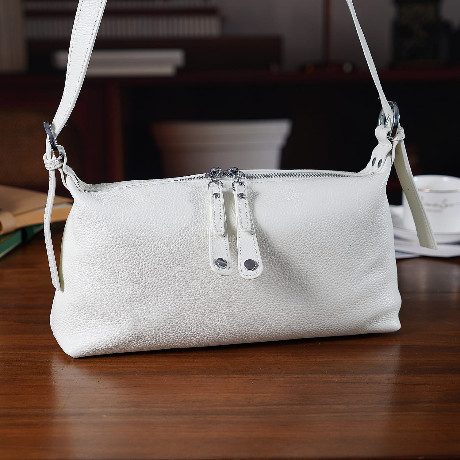 100% Genuine Leather Full Grain  Crossbody Bag with Adjustable Strap - Ivory 8160704 2