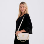 Designer Inspired - Convertible Clutch & Baguette Shoulder Bag with Chain Strap - Off White