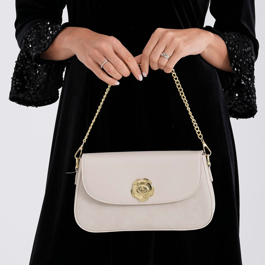 Designer Inspired - Convertible Clutch & Baguette Shoulder Bag with Chain Strap - Off White