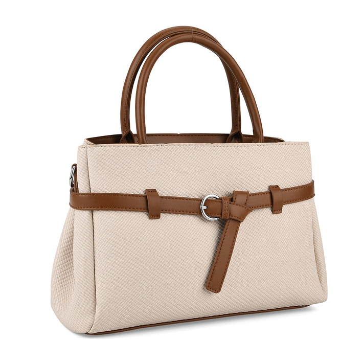 Designer Inspired Satchel-Style Handbag with Belt Detail - Off White 8447224 1
