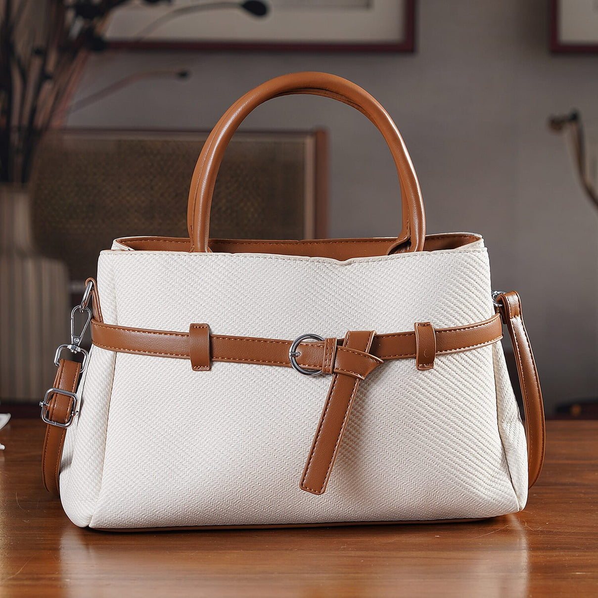 Designer Inspired Satchel-Style Handbag with Belt Detail - Off White 8447224 2