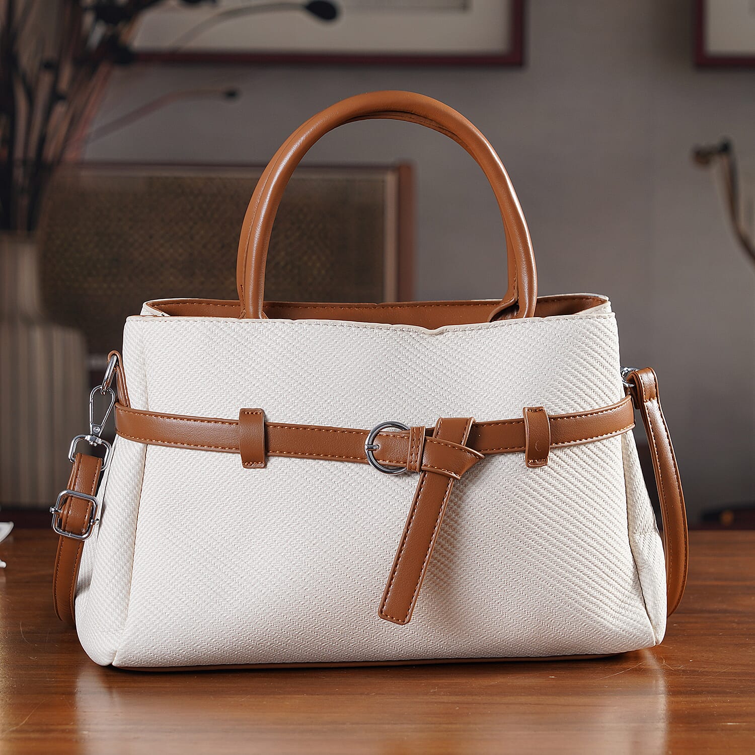 Designer Inspired Satchel-Style Handbag with Belt Detail - Off White 8447224 2