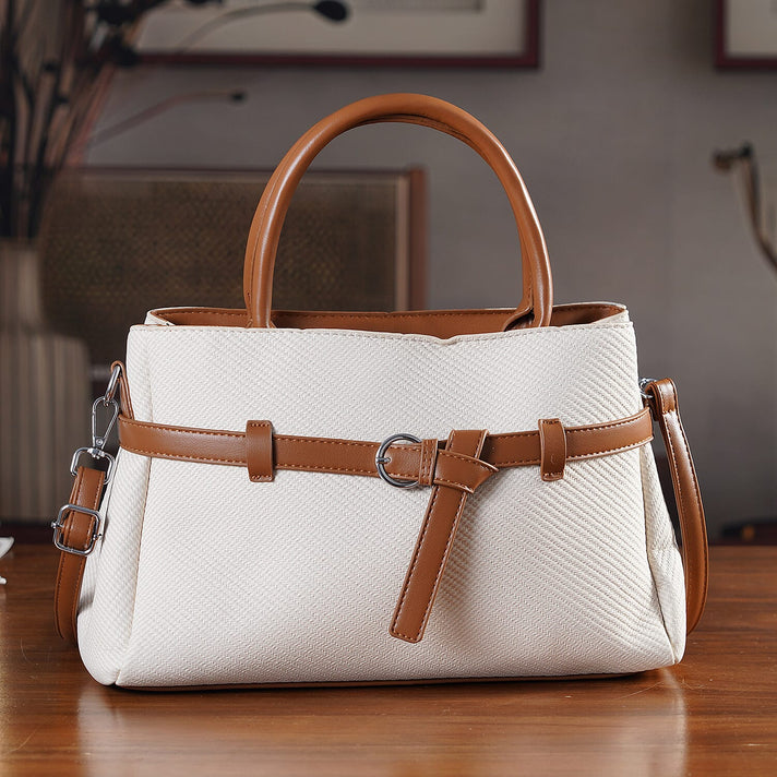 Designer Inspired Satchel-Style Handbag with Belt Detail - Off White 8447224 2