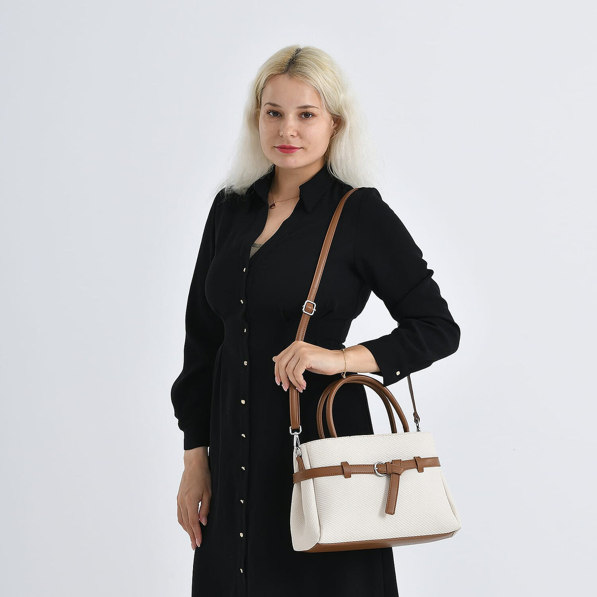 Designer Inspired Satchel-Style Handbag with Belt Detail - Off White 8447224 3