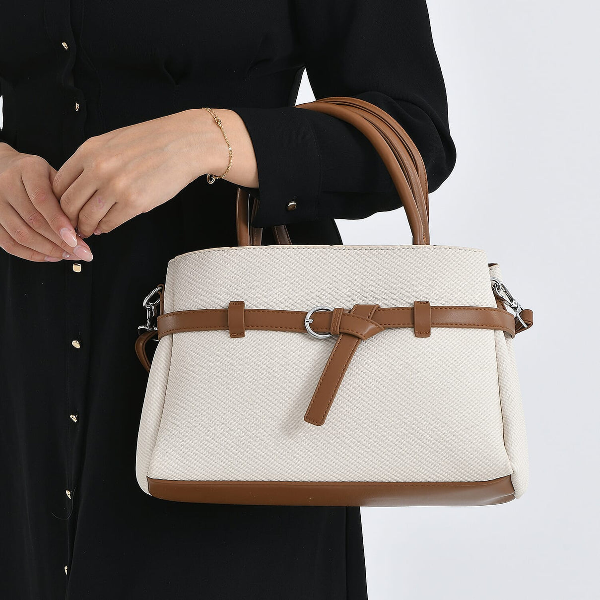 Designer Inspired Satchel-Style Handbag with Belt Detail - Off White 8447224 4