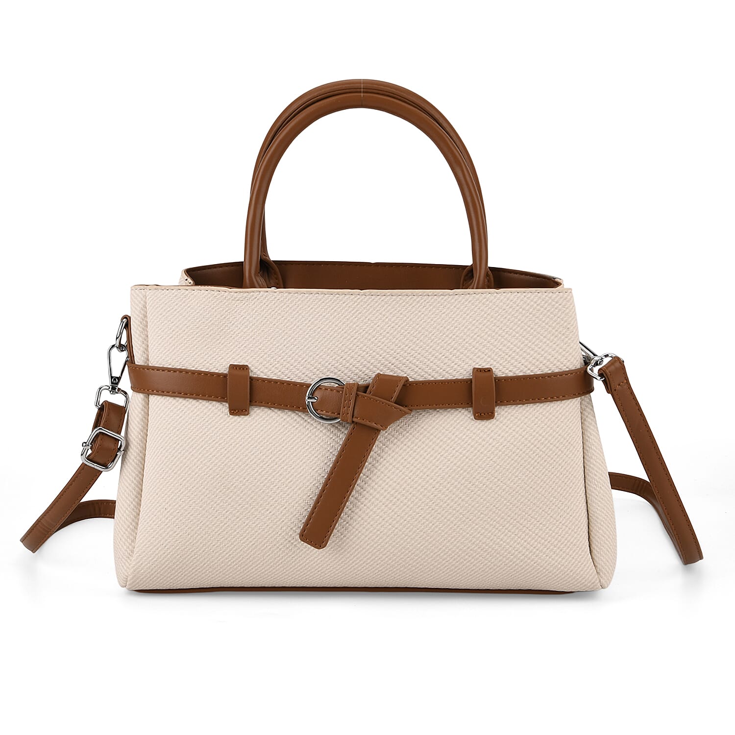 Designer Inspired Satchel-Style Handbag with Belt Detail - Off White 8447224 6