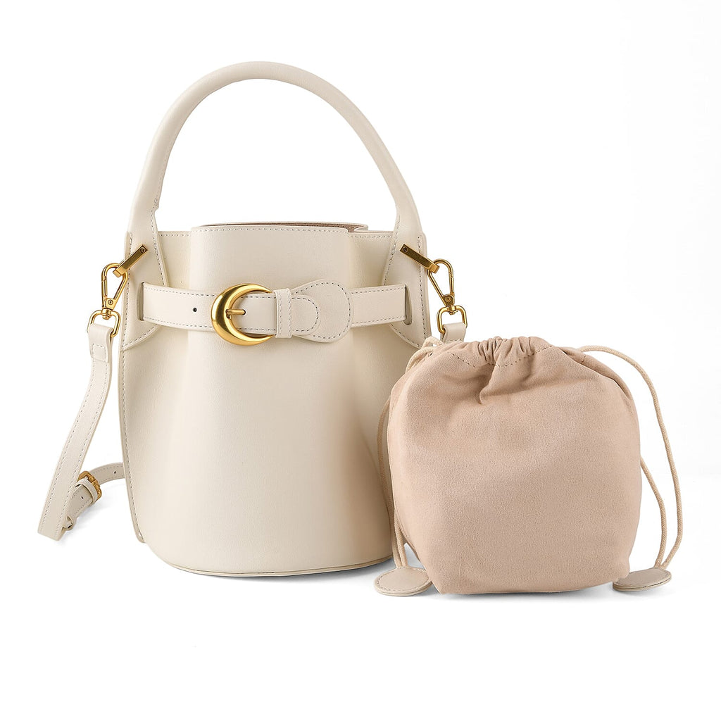 Designer Inspired Genuine Leather Bucket Bag with Internal Drawstring Pouch & Shoulder Strap - Off White