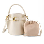Designer Inspired Genuine Leather Bucket Bag with Internal Drawstring Pouch & Shoulder Strap - Off White