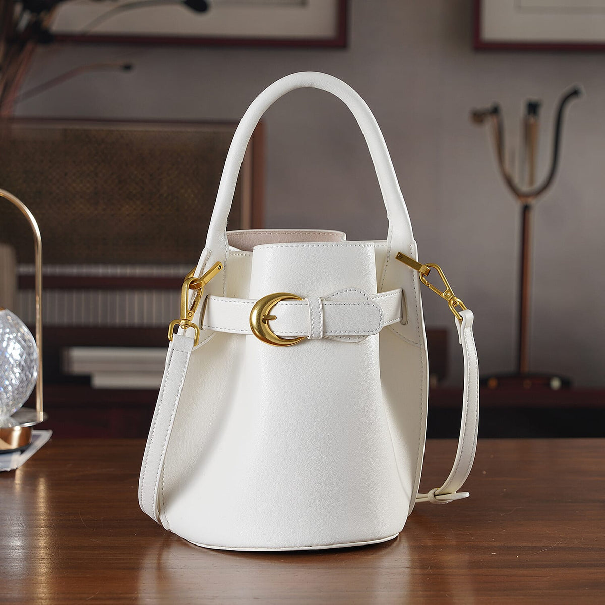 Designer Inspired Finest Italian Leather Bucket Bag with Internal Drawstring Pouch &amp; Shoulder Strap - Off White 8479760 2