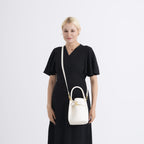 Designer Inspired Genuine Leather Bucket Bag with Internal Drawstring Pouch & Shoulder Strap - Off White