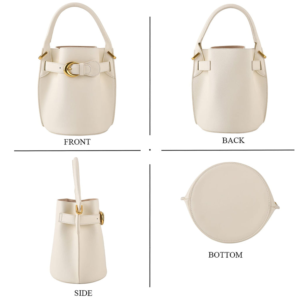 Designer Inspired Genuine Leather Bucket Bag with Internal Drawstring Pouch & Shoulder Strap - Off White