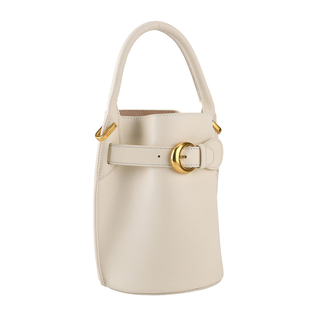 Designer Inspired Genuine Leather Bucket Bag with Internal Drawstring Pouch & Shoulder Strap - Off White