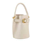 Designer Inspired Genuine Leather Bucket Bag with Internal Drawstring Pouch & Shoulder Strap - Off White