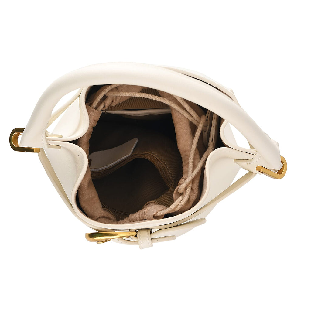 Designer Inspired Genuine Leather Bucket Bag with Internal Drawstring Pouch & Shoulder Strap - Off White