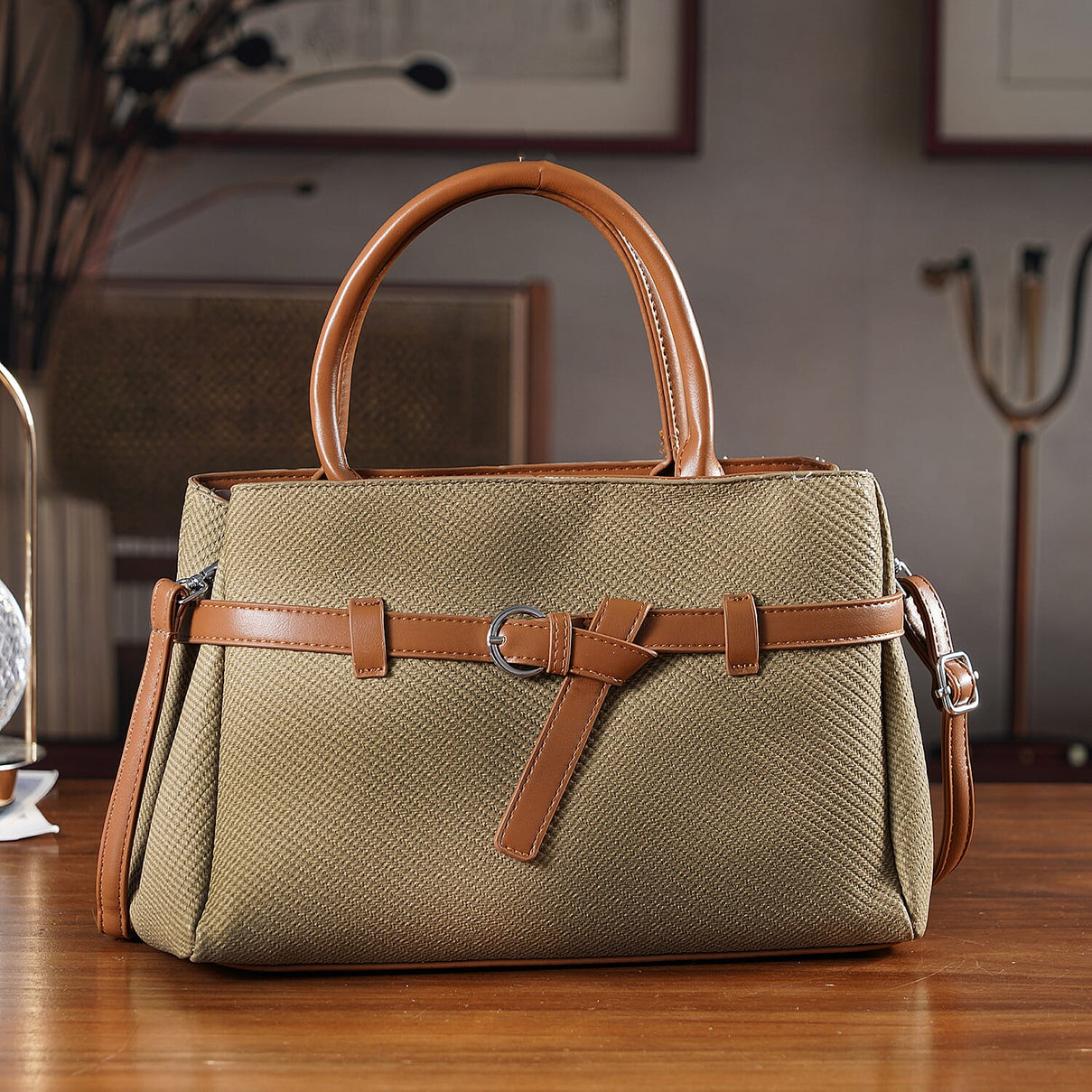 Designer Inspired Satchel-Style Handbag with Belt Detail - Olive V32537779 2