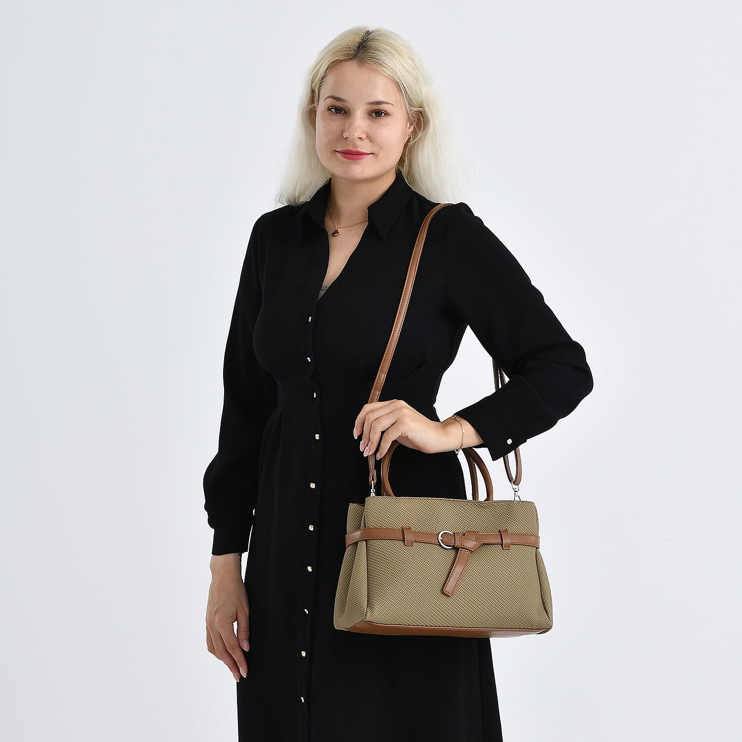 Designer Inspired Satchel-Style Handbag with Belt Detail - Olive V32537779 3