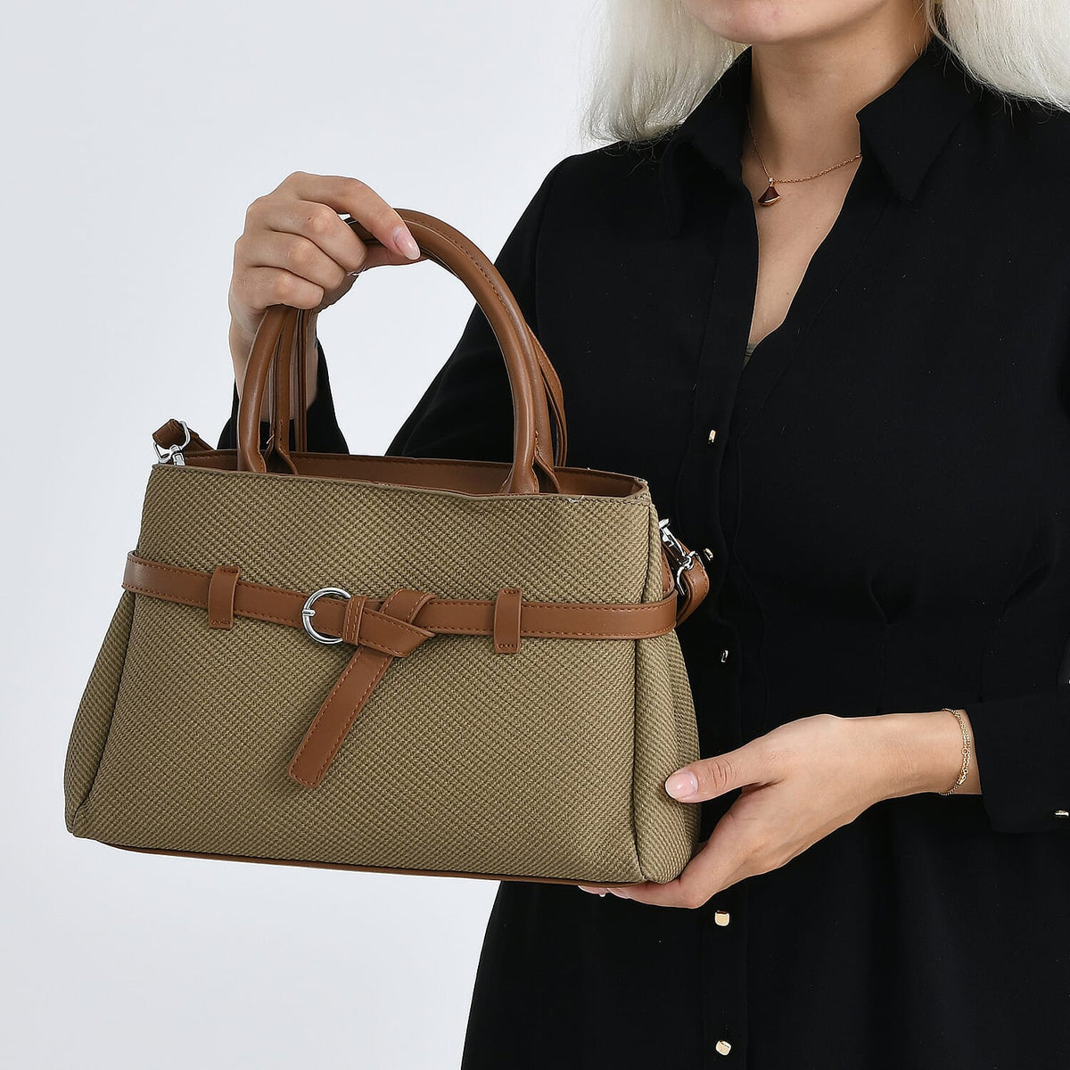 Designer Inspired Satchel-Style Handbag with Belt Detail - Olive V32537779 4
