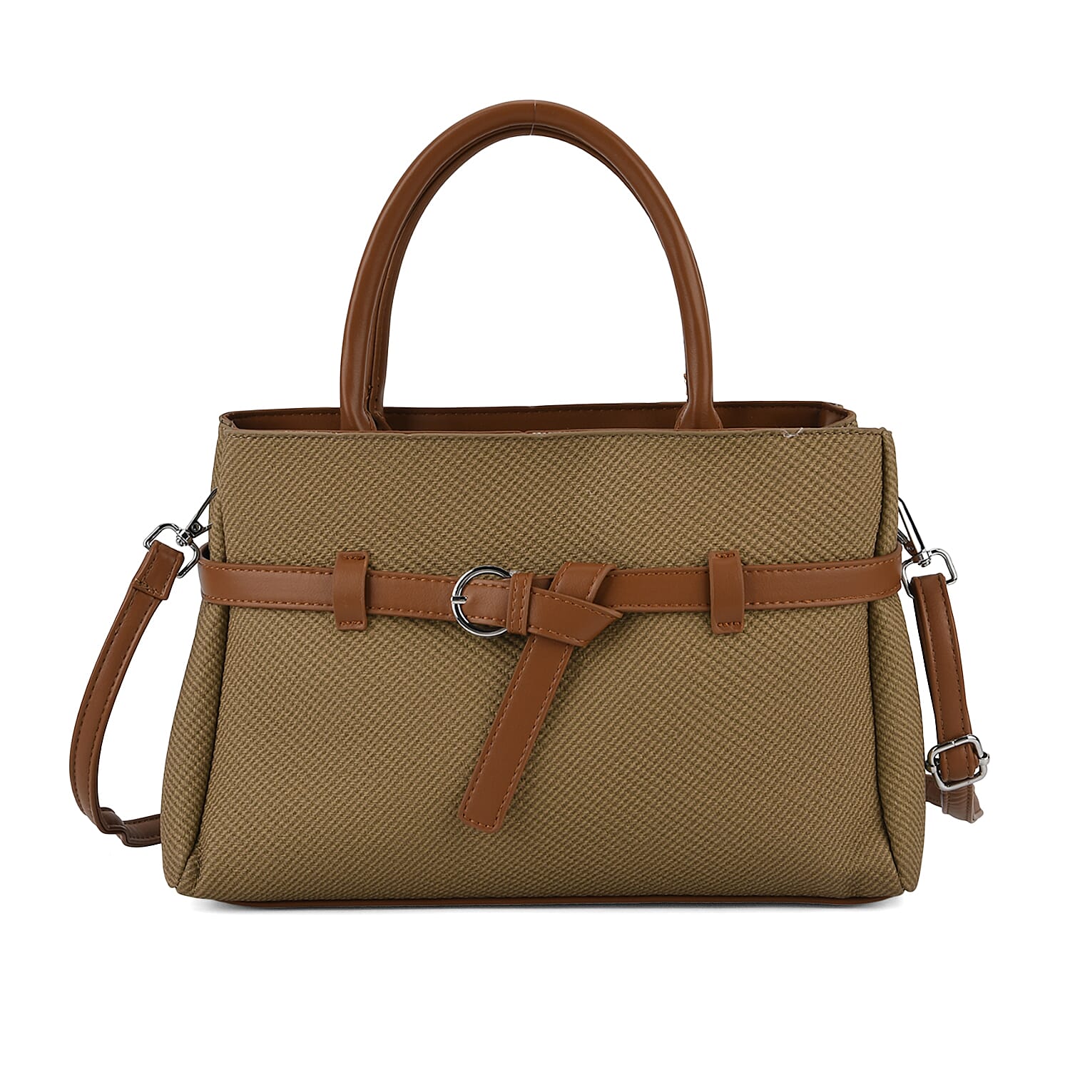 Designer Inspired Satchel-Style Handbag with Belt Detail - Olive V32537779 6