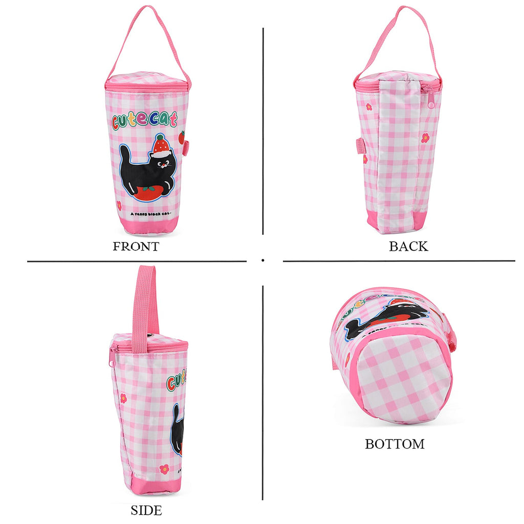Cute Cartoon Print Insulated Tumbler Travel Mug Bag with Handle & Straw Hole - Pink