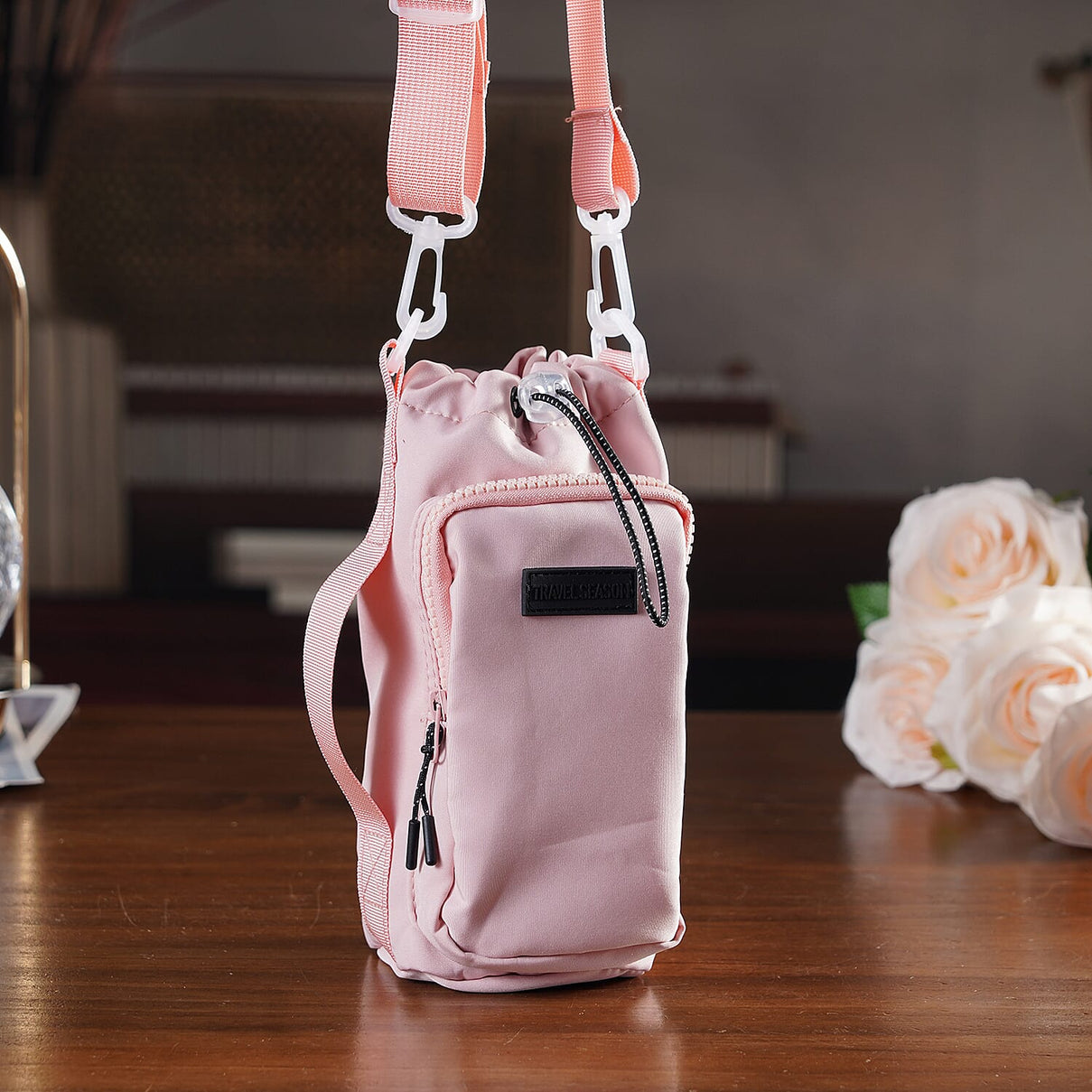 Insulated Style Coffee/Water Bottle Carrier with Wide Crossbody Strap - Pink 8430883 2