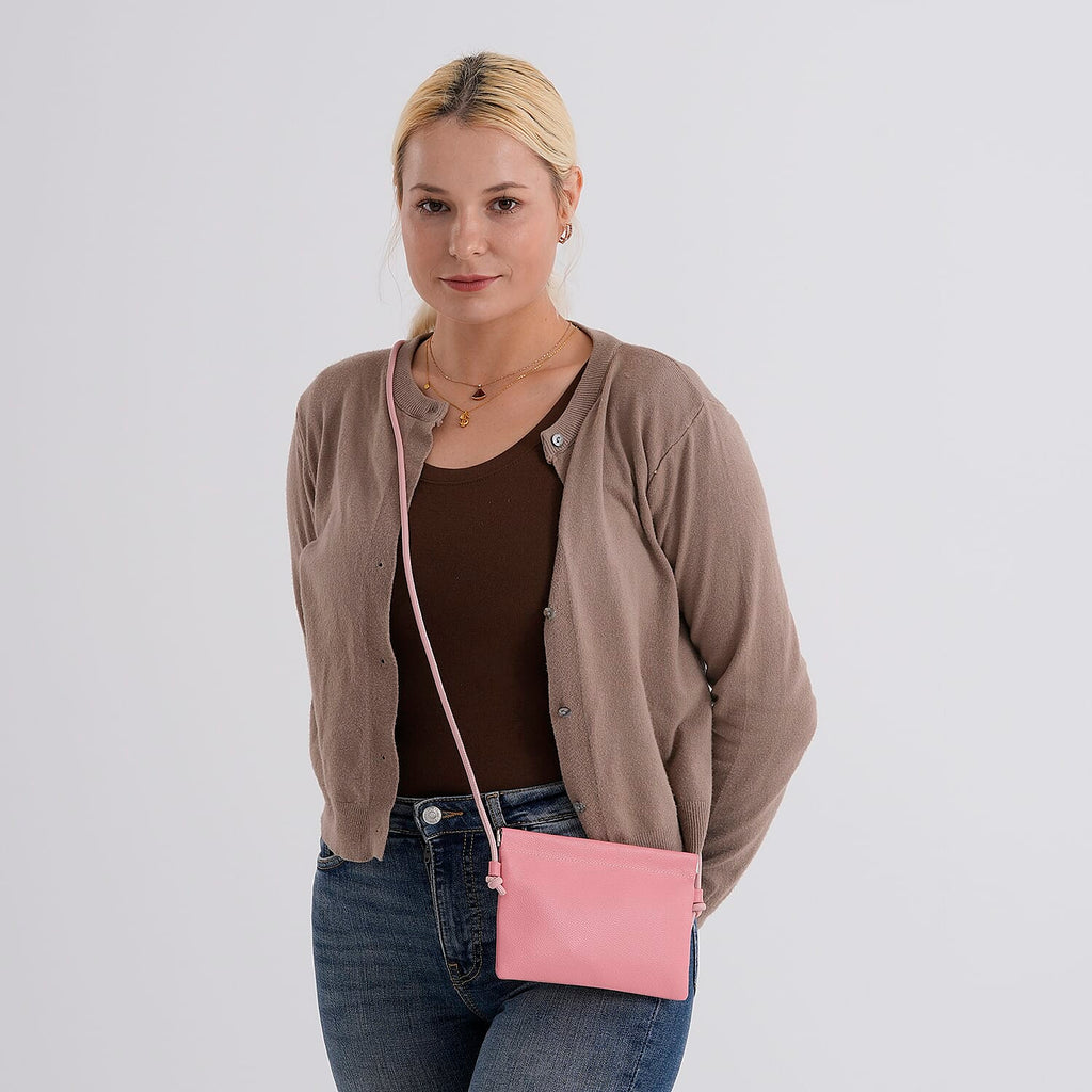 Genuine Leather Slim Crossbody Bag - Pink