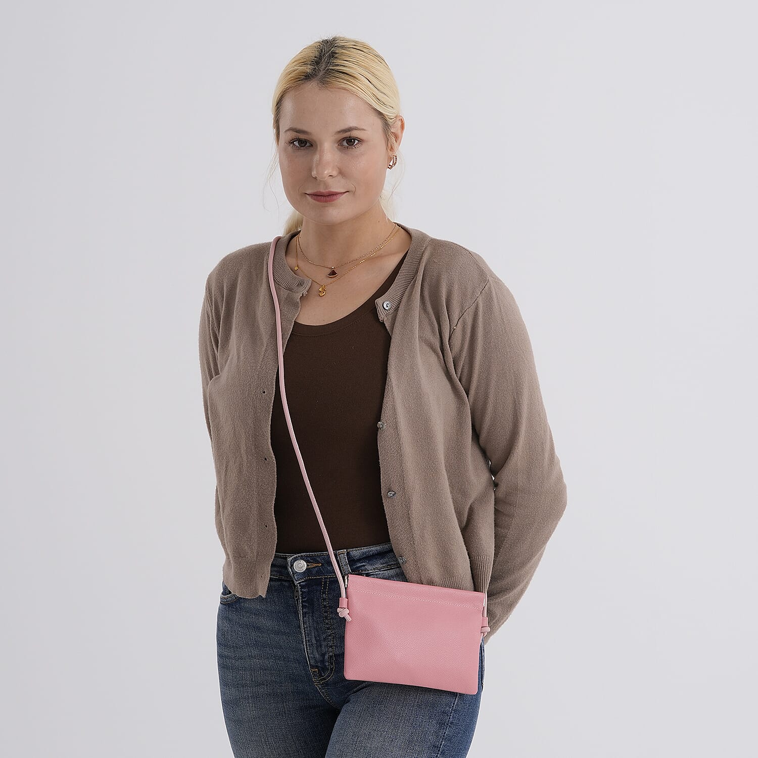 Genuine Leather Slim Crossbody Bag - Pink V32373204 3