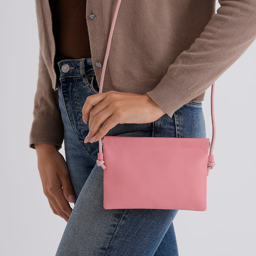 Genuine Leather Slim Crossbody Bag - Pink