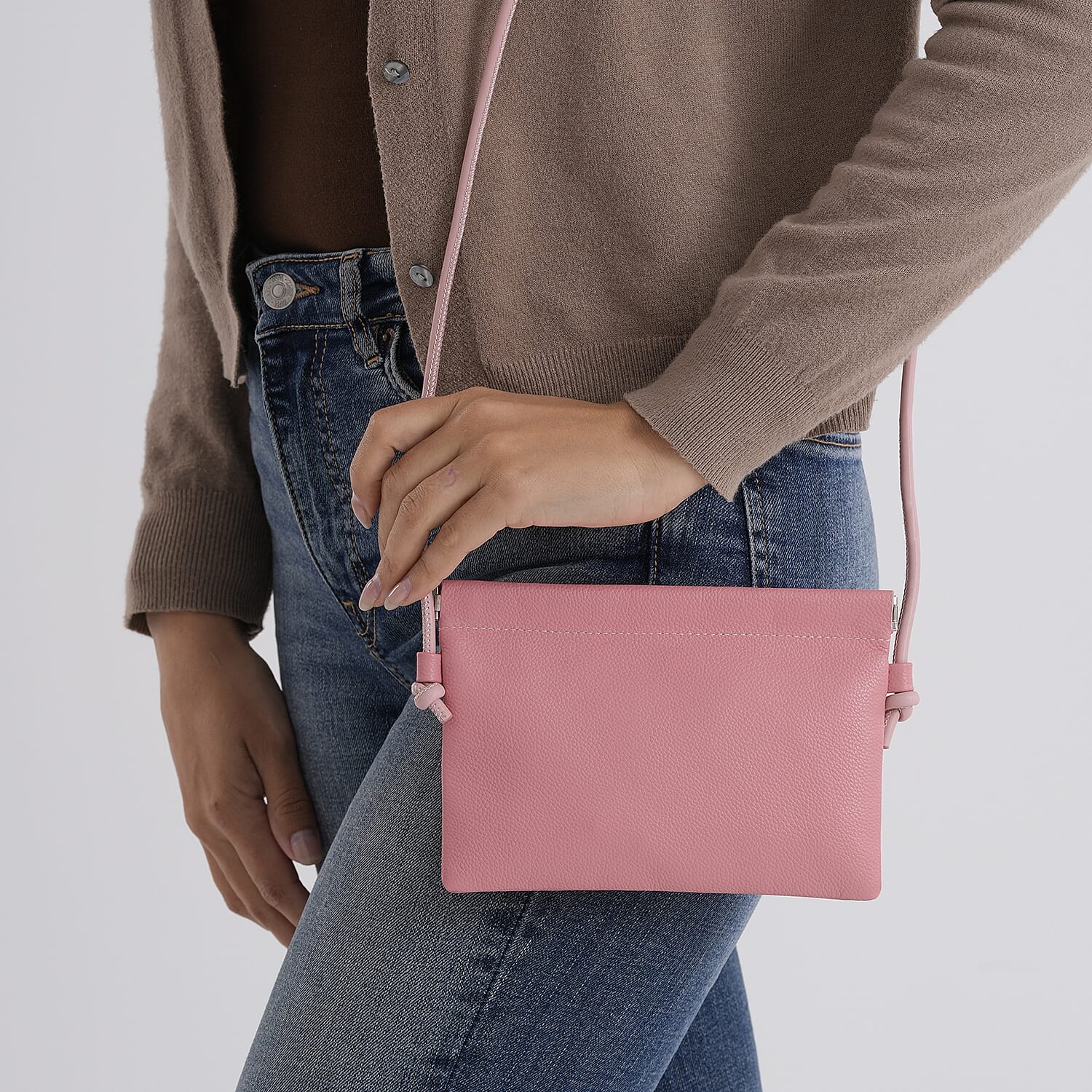 Genuine Leather Slim Crossbody Bag - Pink V32373204 4