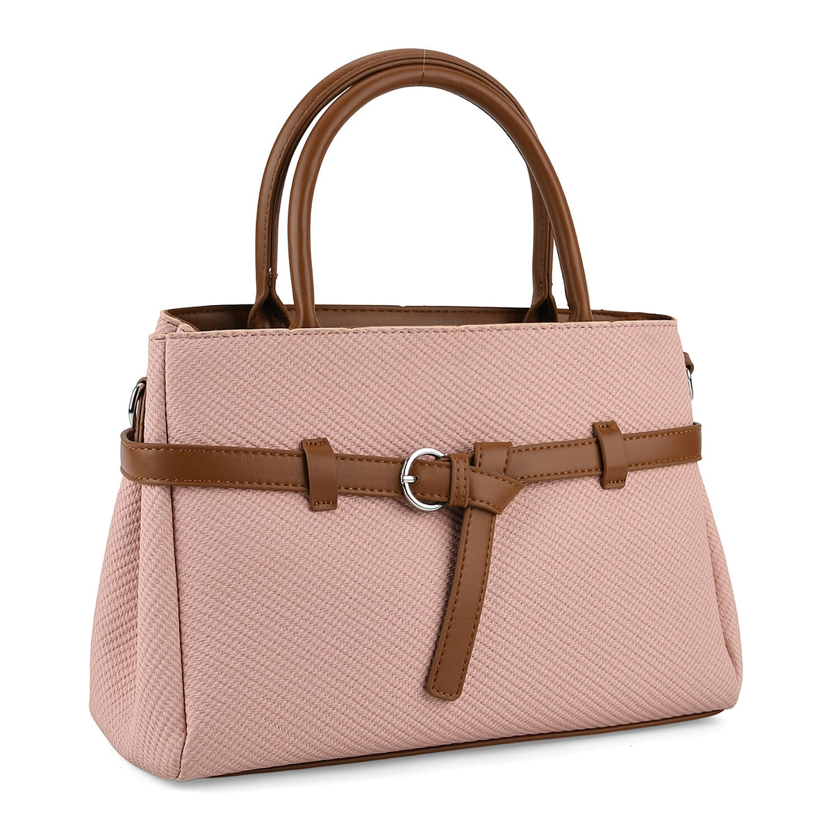 Designer Inspired Satchel-Style Handbag with Belt Detail - Pink V32537240 0