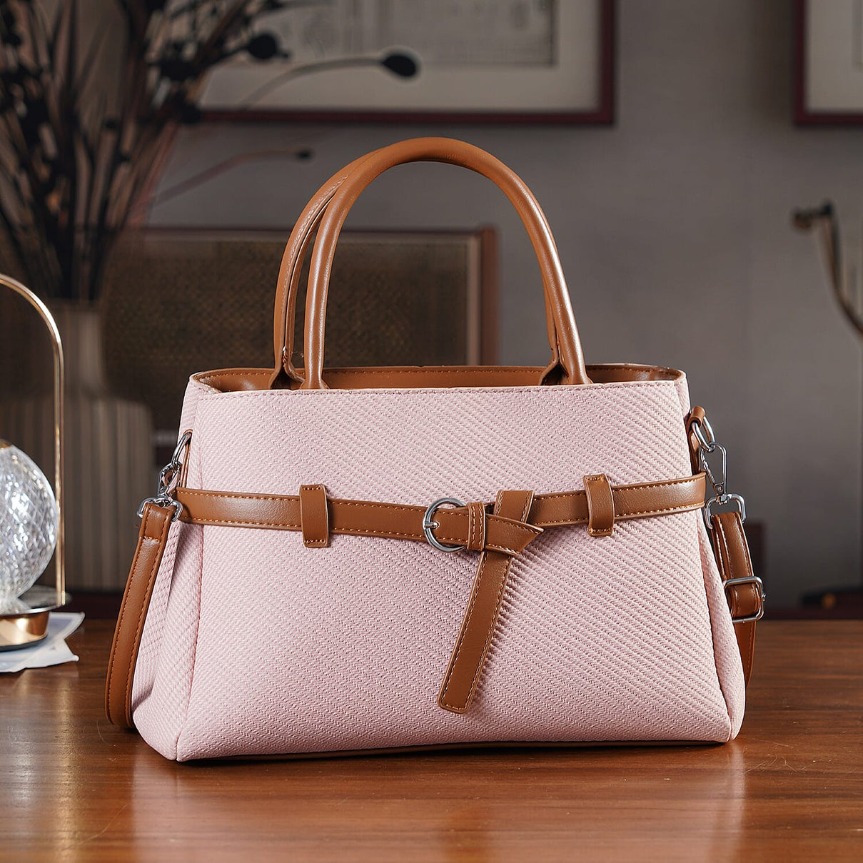Designer Inspired Satchel-Style Handbag with Belt Detail - Pink V32537240 2