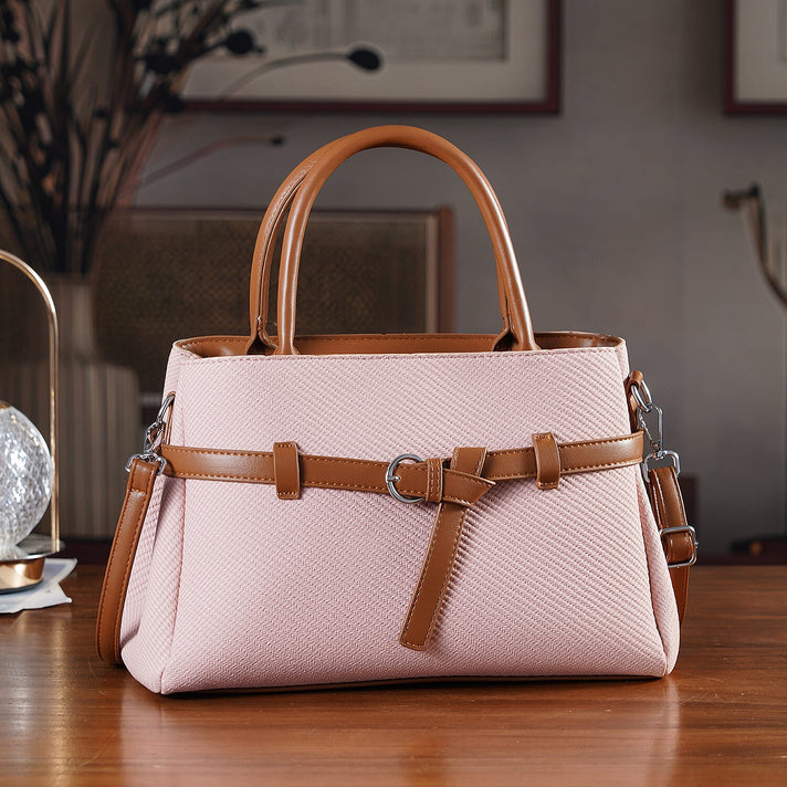Designer Inspired Satchel-Style Handbag with Belt Detail - Off White 8447224 2