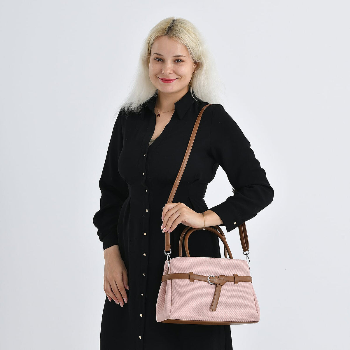 Designer Inspired Satchel-Style Handbag with Belt Detail - Pink V32537240 3