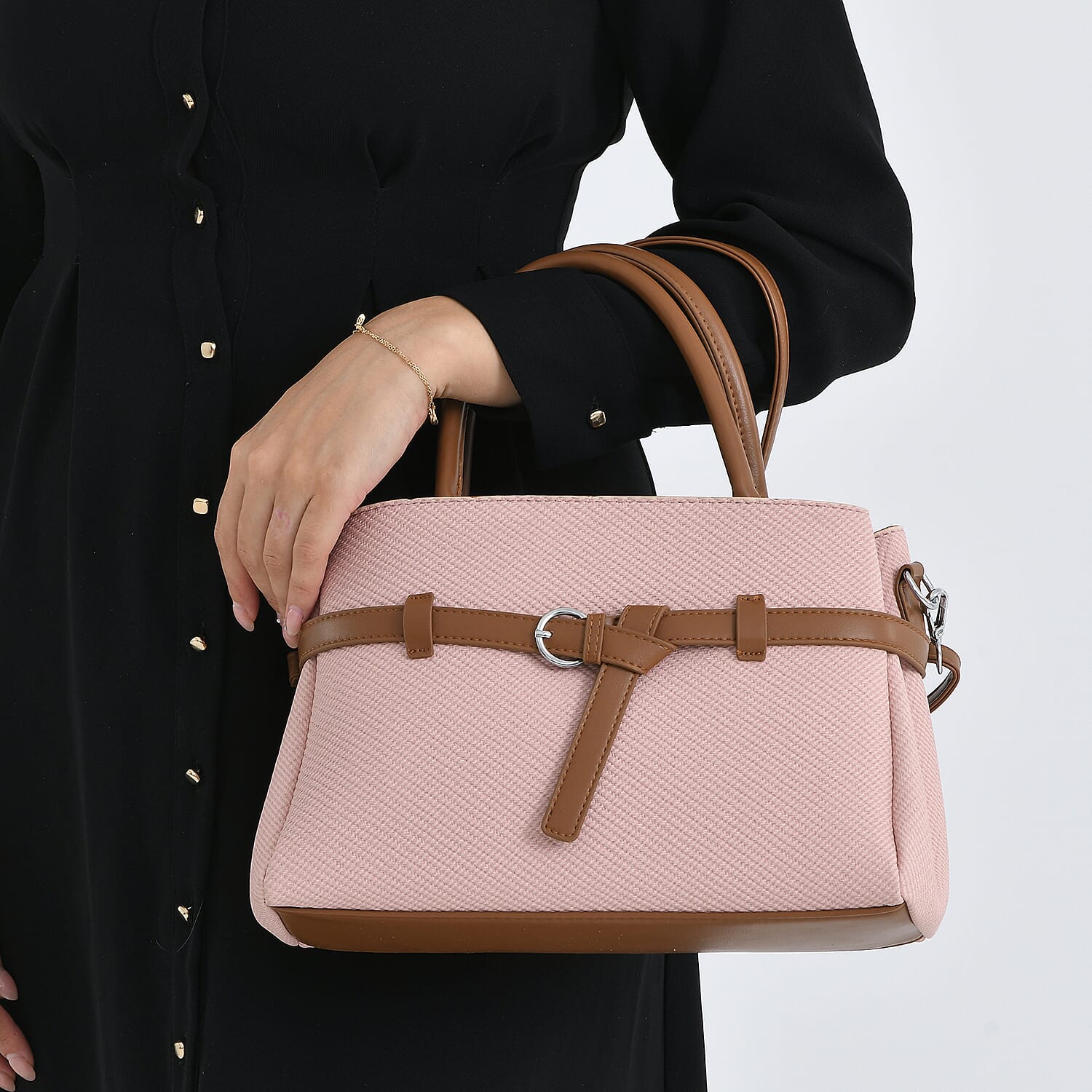 Designer Inspired Satchel-Style Handbag with Belt Detail - Pink V32537240 4