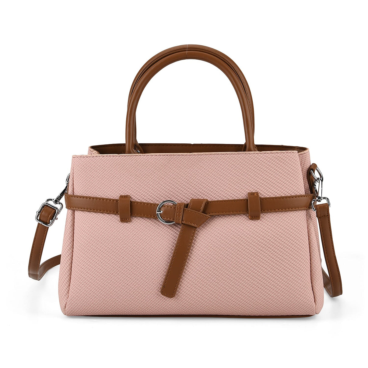 Designer Inspired Satchel-Style Handbag with Belt Detail - Pink V32537240 6
