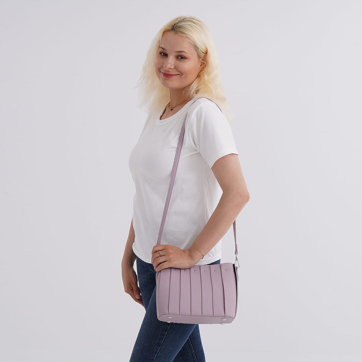Crossbody Bag with Pleated Design &amp; Top Handle - Purple V32536982 2