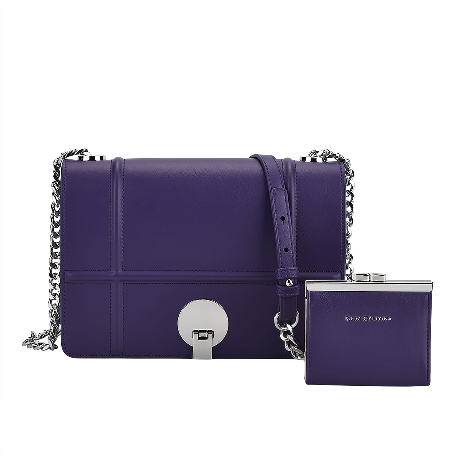 Set of 2 Structured Panel Bag with Silver Chain Strap &amp; Matching Card Slot Purse - Purple &amp; Lilac 8242676 0