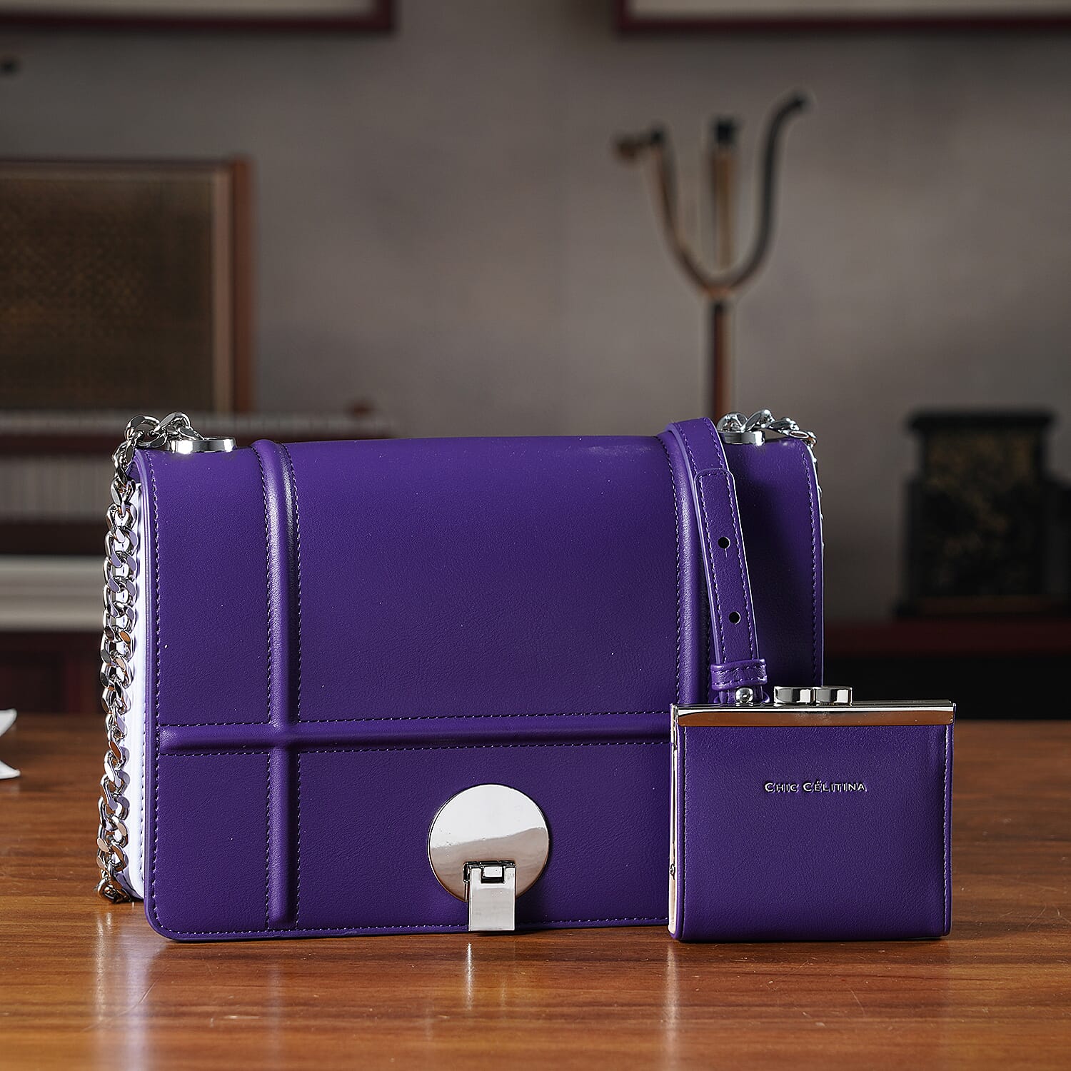 Set of 2 Structured Panel Bag with Silver Chain Strap &amp; Matching Card Slot Purse - Purple &amp; Lilac 8242676 1