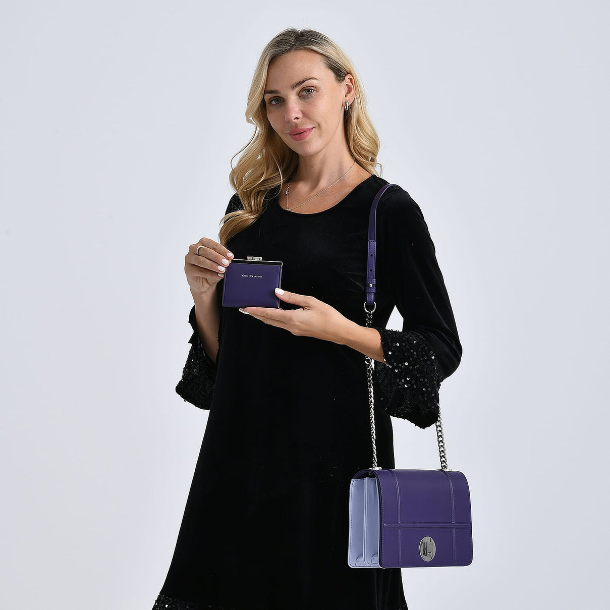 Set of 2 Structured Panel Bag with Silver Chain Strap &amp; Matching Card Slot Purse - Purple &amp; Lilac 8242676 2