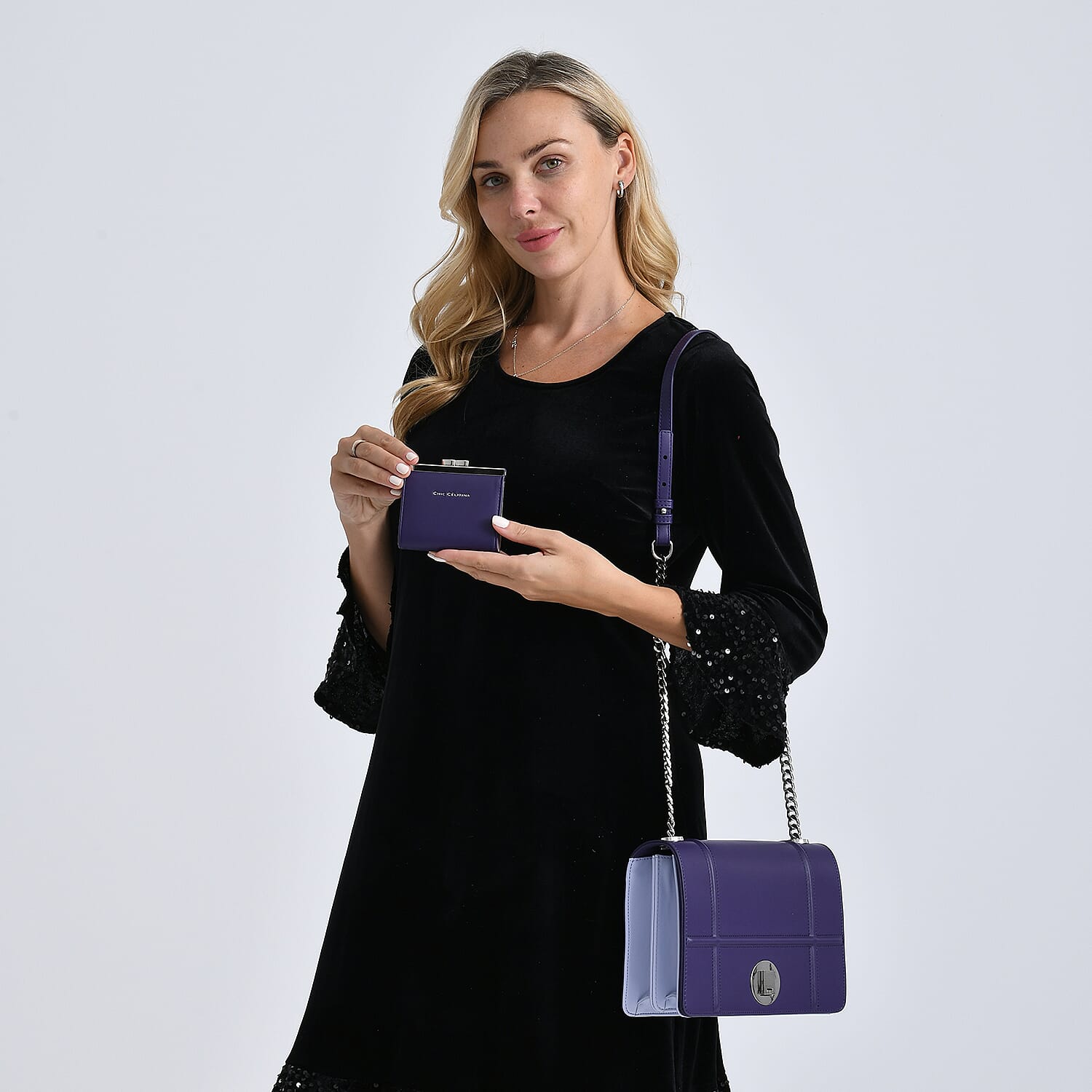 Set of 2 Structured Panel Bag with Silver Chain Strap &amp; Matching Card Slot Purse - Purple &amp; Lilac 8242676 2